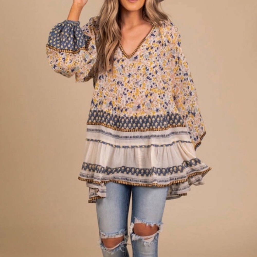 Free People Gardenia Ivory Combo Floral Tunic Top Mini Dress